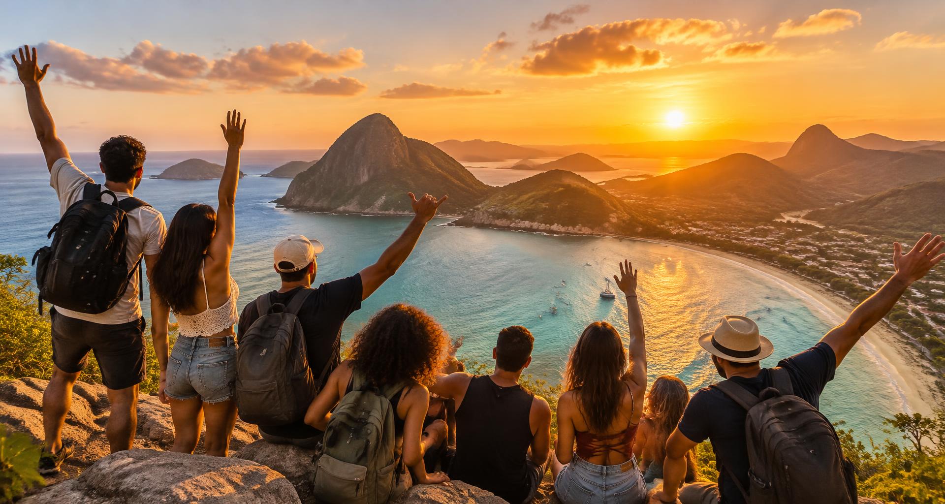 Família e amigos celebrando uma viagem com vista para a costa ao pôr do sol